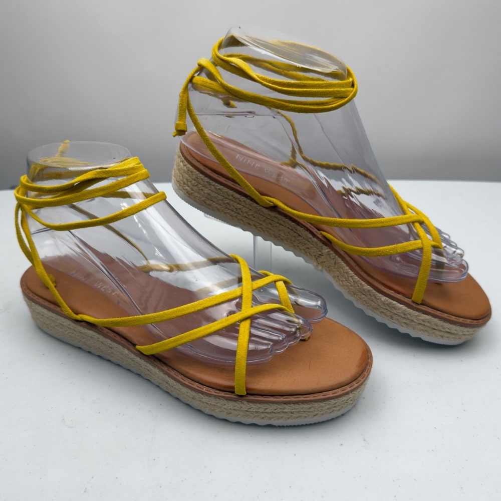 Nine West Women’s Candid Ankle Strap Wrap Espadrille Sandals Leather Yellow 7M